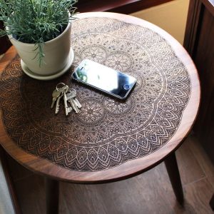 Engraved Walnut Teak Hardwood End / Side Table or Night Stand - Geometric Modern Mid Century Boho Furniture Design Eames Style