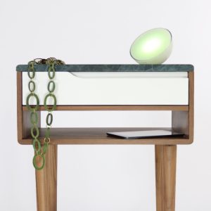 Mid century Nightstand, Bedside table, Side table with marble top, shelf and upper white drawer in solid Walnut.