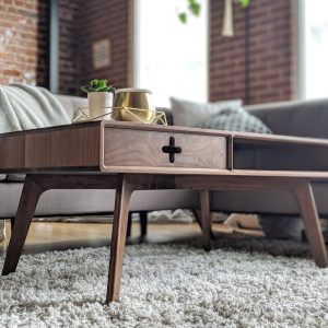COFFEE TABLE PLUS with drawer 40" - Walnut Handmade solid wood mid century modern style and storage cubby 18" tall