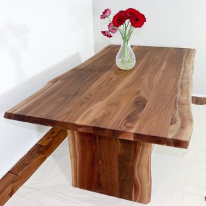 Live Edge Wooden Table with Walnut Panel Legs, Modern Walnut Dining Table, Live Edge Walnut Table, Solid Walnut Dining Table
