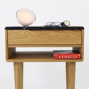 Bedside table, Nightstand, Mid century  with marble top, shelf and upper drawer in solid Oak.