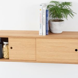Floating Kitchen Storage Cabinet with Sliding Doors Handmade in Solid White Oak