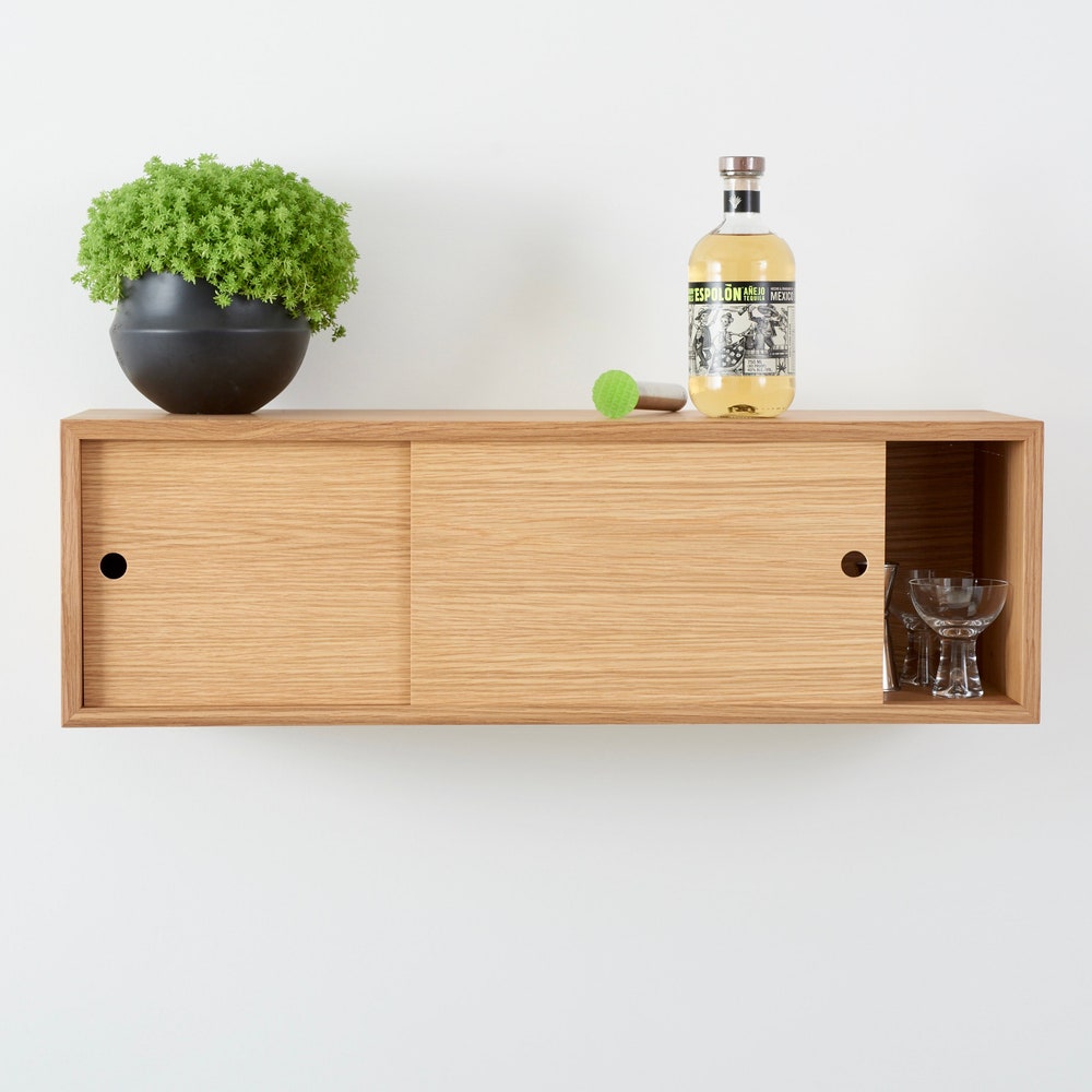 Floating Kitchen Storage Cabinet with Sliding Doors Handmade in Solid White Oak - Image 10