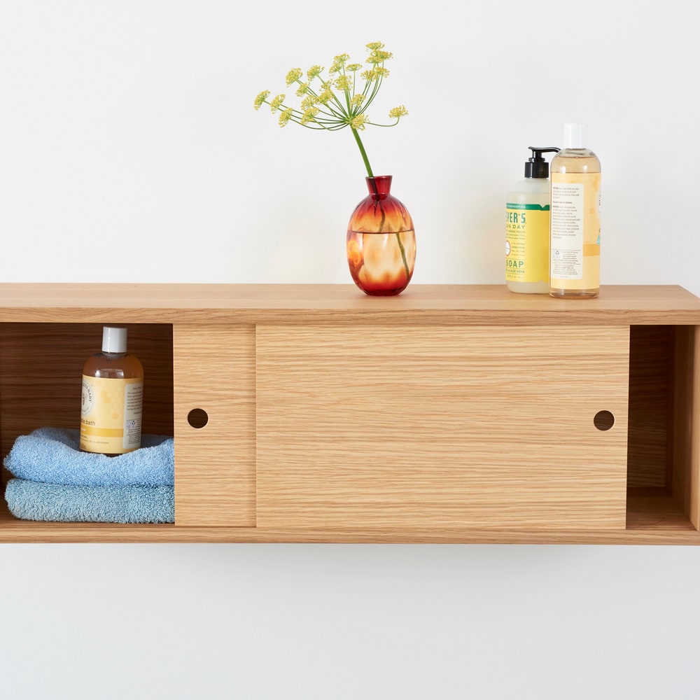 Floating Kitchen Storage Cabinet with Sliding Doors Handmade in Solid White Oak - Image 11