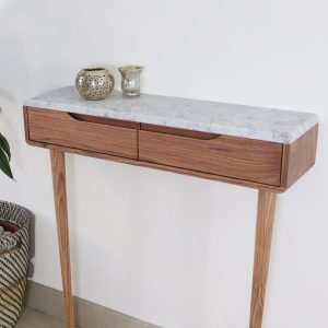 Entryway console table with 2 drawers in solid American Walnut or Oak with Marble top