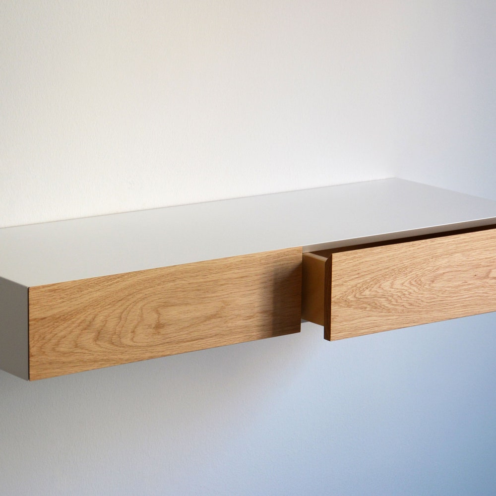 Minimalist white floating dressing table / vanity shelf with oak drawers - Image 5