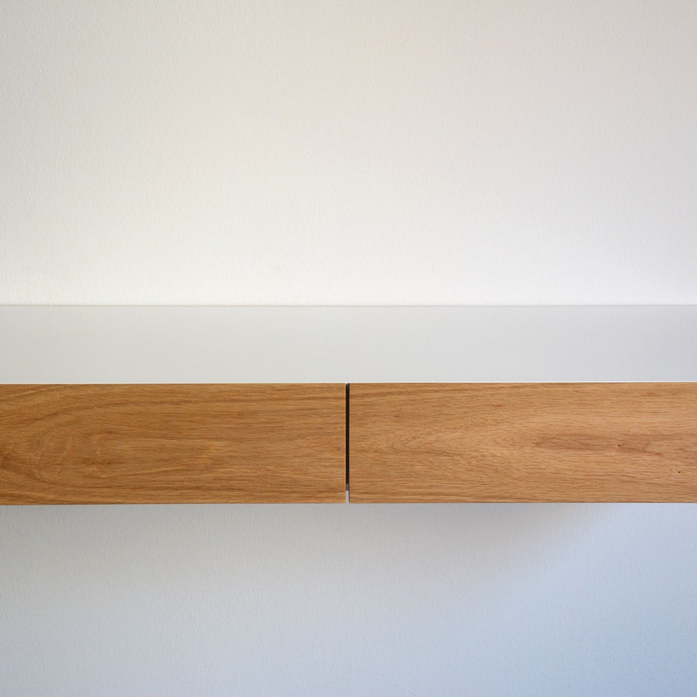Minimalist white floating dressing table / vanity shelf with oak drawers - Image 7