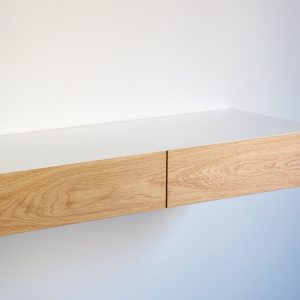 Minimalist white floating dressing table / vanity shelf with oak drawers