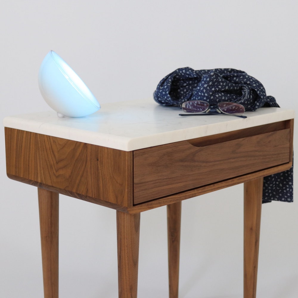 Nightstand, Bedside table, Side Table, in solid Walnut or Oak, with drawer and marble top - Image 2