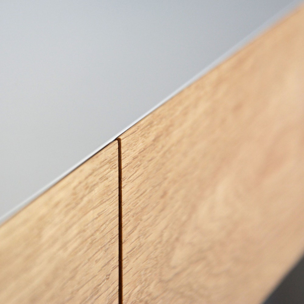 Minimalist white floating dressing table / vanity shelf with oak drawers - Image 4