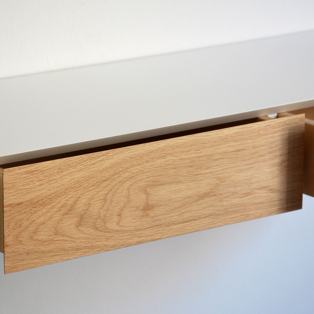 Minimalist white floating dressing table / vanity shelf with oak drawers - Image 8