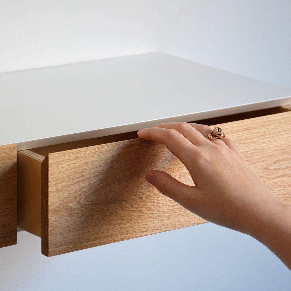 Minimalist white floating dressing table / vanity shelf with oak drawers - Image 2