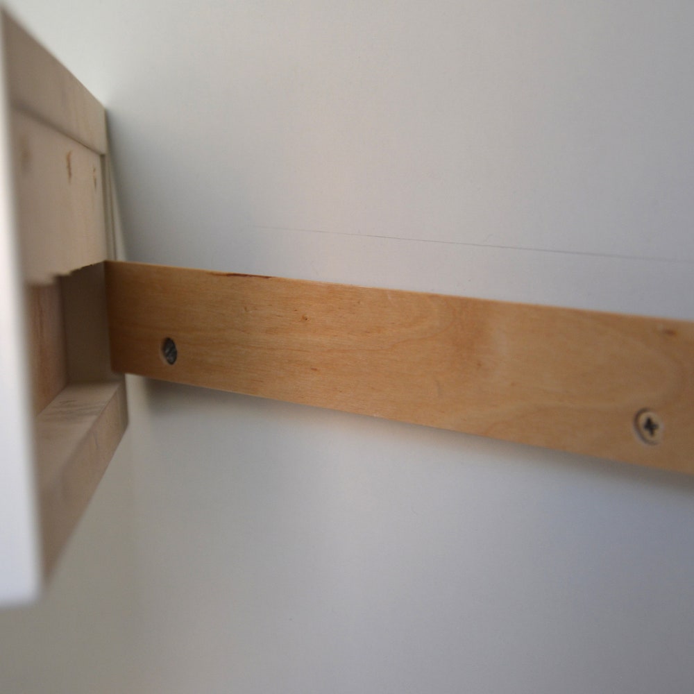 Minimalist white floating dressing table / vanity shelf with oak drawers - Image 9