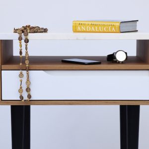 Nightstand, Side table, Bedside table  with marble top, shelf and white lower drawer in solid Oak