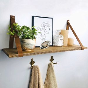 Bathroom shelves with hooks Over toilet storage Wall shelf for towels Wood hanging shelves Leather strap shelf