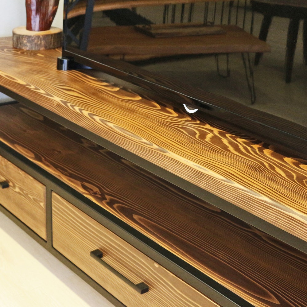 Wood and Steel Tv Stand - Carmen/ Natural Solid Wood and Metal Tv Unit / Modern Industrial Media Console / Loft Style Entertainment Center - Image 5