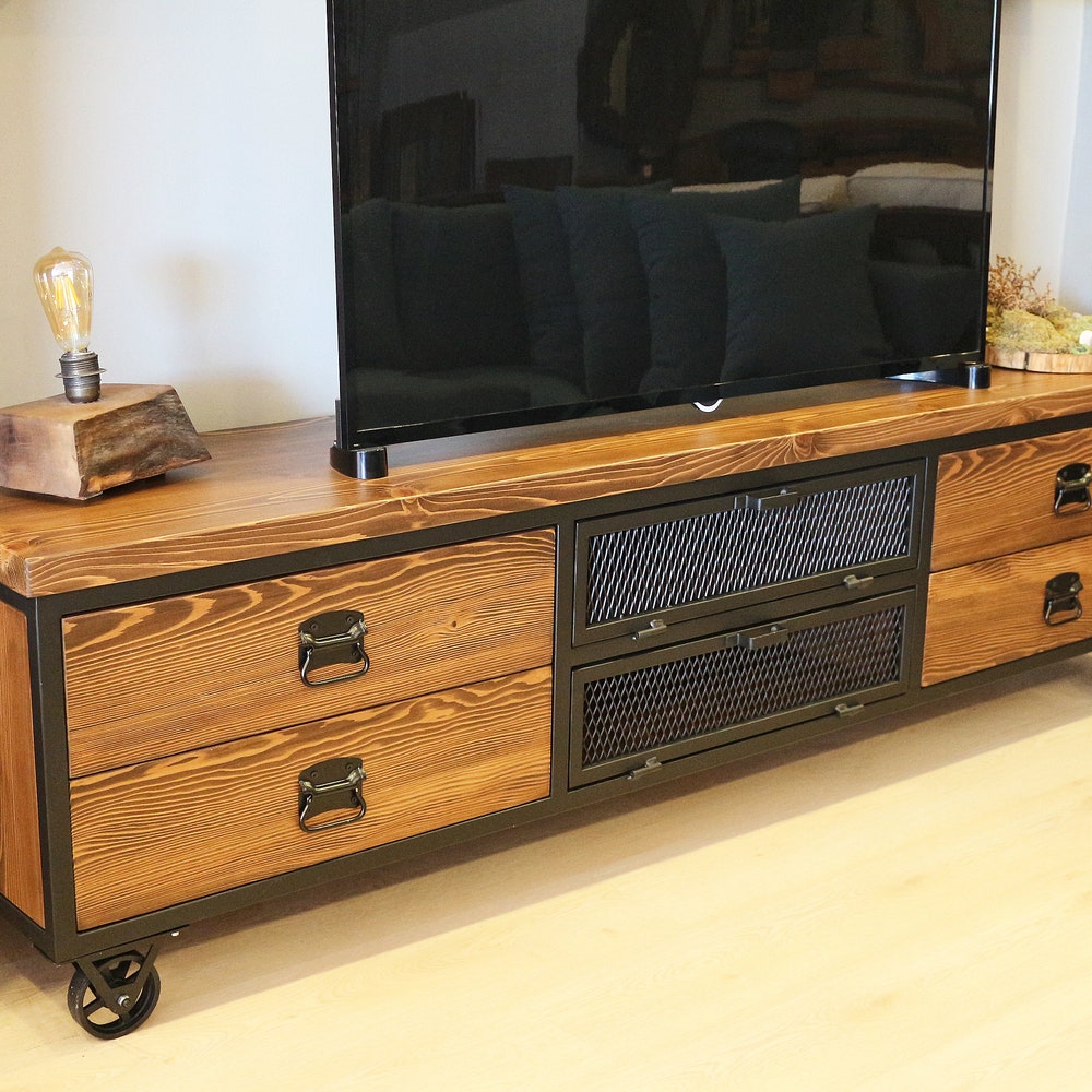 Modern Industrial Wood and Steel Tv Unit - Urban / Natural Wooden and Metal Media Console / Loft Style Tv Stand / Entartainment Center - Image 4