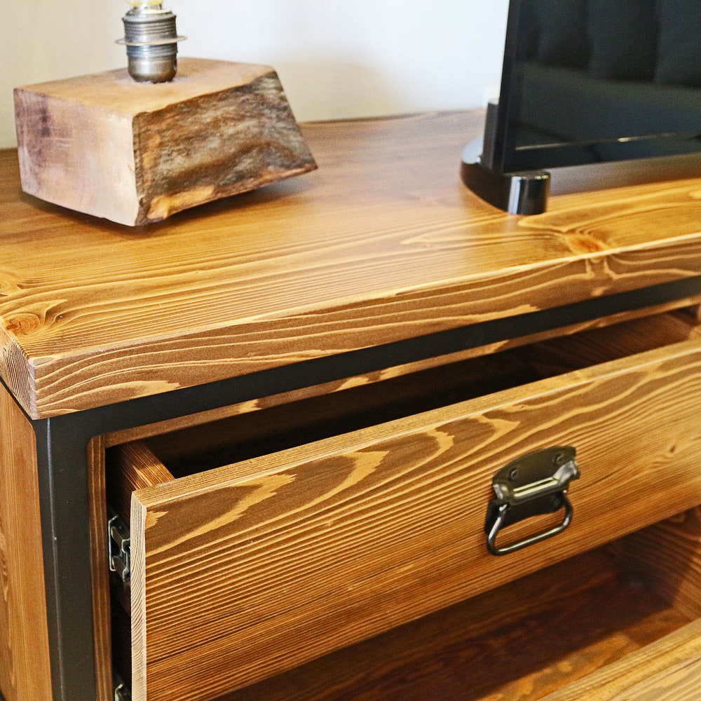 Modern Industrial Wood and Steel Tv Unit - Urban / Natural Wooden and Metal Media Console / Loft Style Tv Stand / Entartainment Center - Image 5