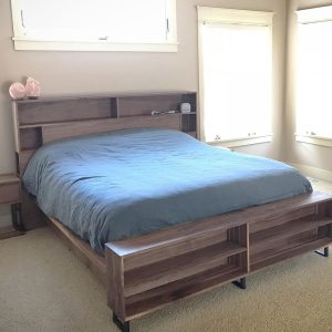 Walnut Storage Platform Bed, Platform bed frame with drawers, wooden bed frame, storage headboard, Wooden headboard with shelves