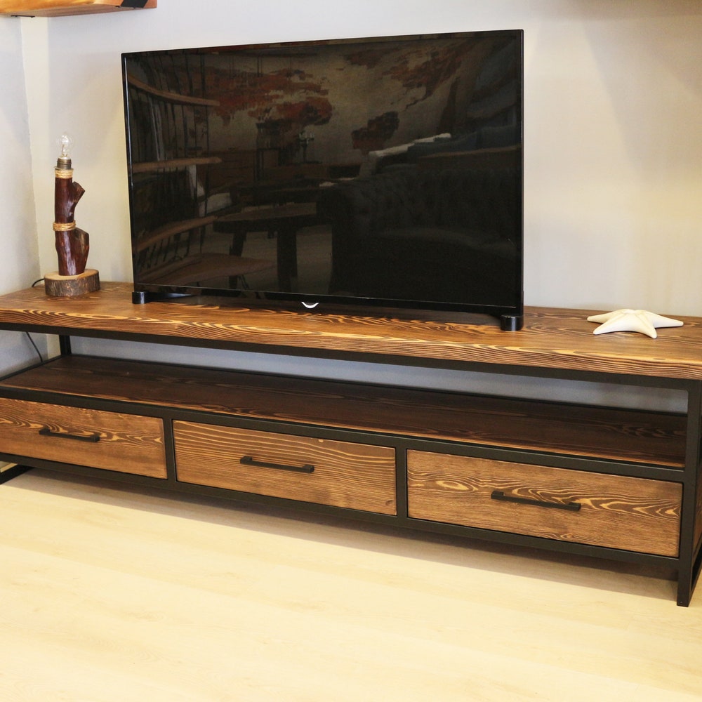 Wood and Steel Tv Stand - Carmen/ Natural Solid Wood and Metal Tv Unit / Modern Industrial Media Console / Loft Style Entertainment Center - Image 4