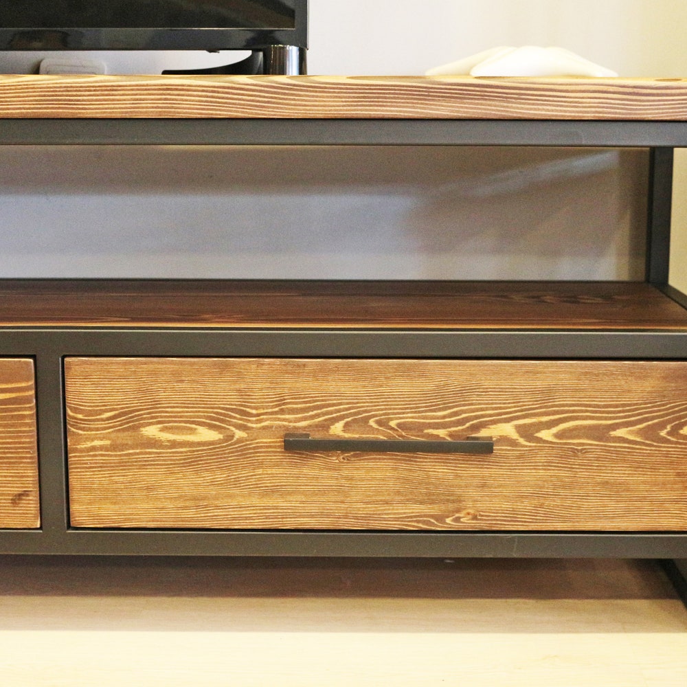 Wood and Steel Tv Stand - Carmen/ Natural Solid Wood and Metal Tv Unit / Modern Industrial Media Console / Loft Style Entertainment Center - Image 6
