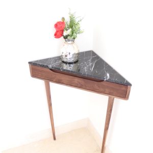 Corner console table in Walnut or Oak with Marble top.