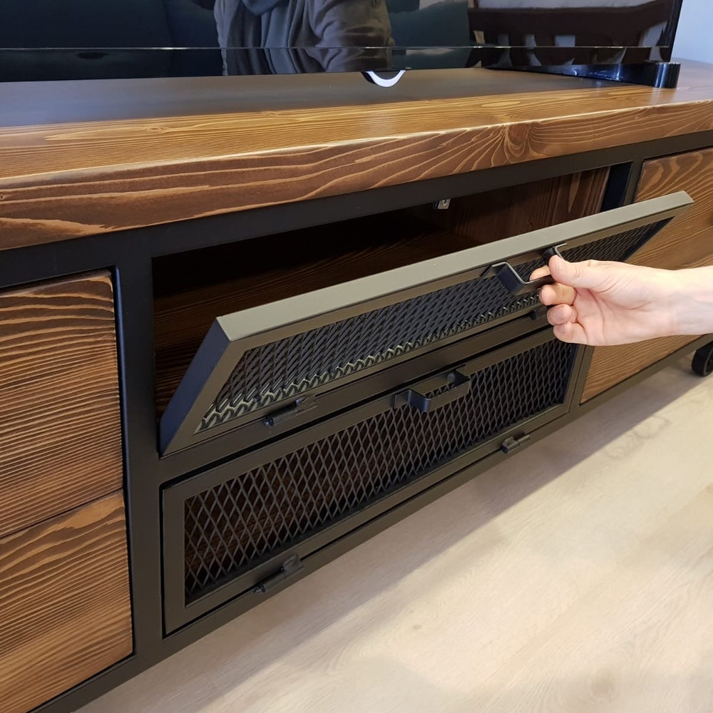 Modern Industrial Wood and Steel Tv Unit - Urban / Natural Wooden and Metal Media Console / Loft Style Tv Stand / Entartainment Center - Image 7