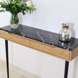 Entryway Console table with two drawers in solid American Oak or Walnut with Marble top
