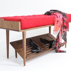 Wood entryway shoe storage, Wood shoe rack, Shoe Cabinet, Shoe Bench in Walnut or Oak and Fabric