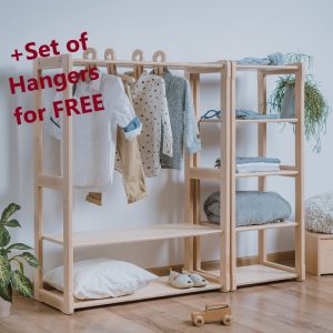 Child Montessori clothing rack type A with shelf combined with Montessori MAXI shelf Kid wardrobe for kids