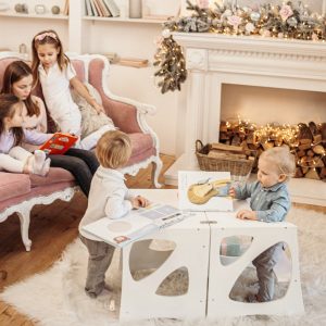 White Montessori helper tower - Table & Chair, Kitchen step stool, Learning table Montessori furniture Mothers helper Montessori classroom