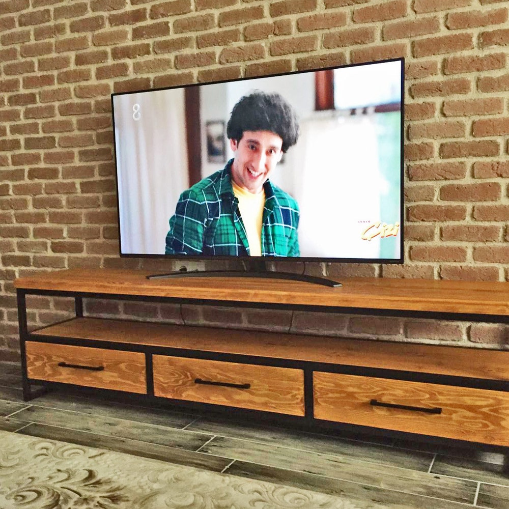 Wood and Steel Tv Stand - Carmen/ Natural Solid Wood and Metal Tv Unit / Modern Industrial Media Console / Loft Style Entertainment Center - Image 10