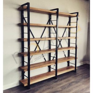 Large Bookcase with Solid Wood Shelves - Timber X , Industrial Wooden Bookcase with Metal Racks , Object Display and Library Unit
