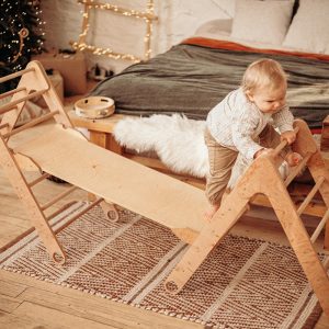 Climbing Set of three items: two Foldable Triangle and Ramp with slide, Wood play gym, Montessori toddler toys Baby furniture