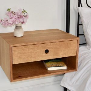 Floating Nightstand with Drawer in White Oak, Modern Bedside Table