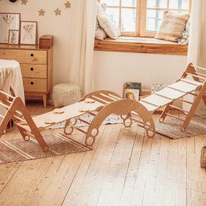 Set of 5 items: 2 foldable Triangle + Arch + 2 Ramp with slide, Climbing Montessori furniture for Toddlers Wood play gym Balance board