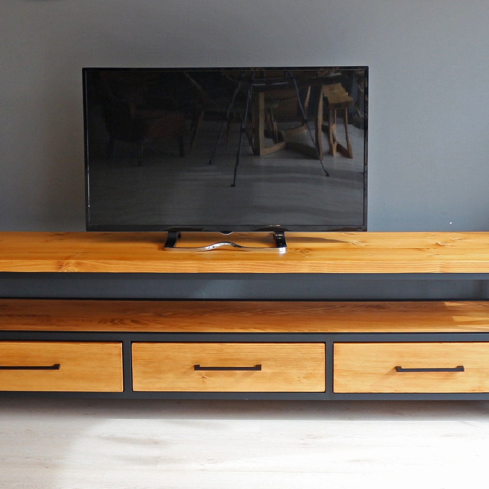 Wood and Steel Tv Stand - Carmen/ Natural Solid Wood and Metal Tv Unit / Modern Industrial Media Console / Loft Style Entertainment Center - Image 9