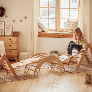 Montessori Set of Four items - Climbing Arch + Foldable Triangle + TWO Climbing ramp/slide, Wooden gym dreieck Montessori furniture