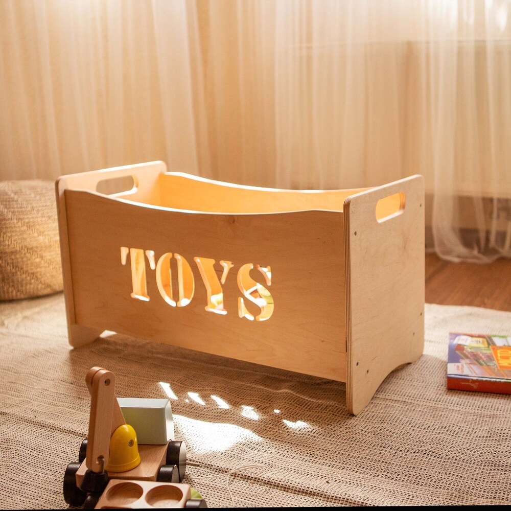 Wooden toy box for toddler playroom, Storage basket for baby nursery, Montessori furniture, Toys organizer, Boxes for toys - Image 3