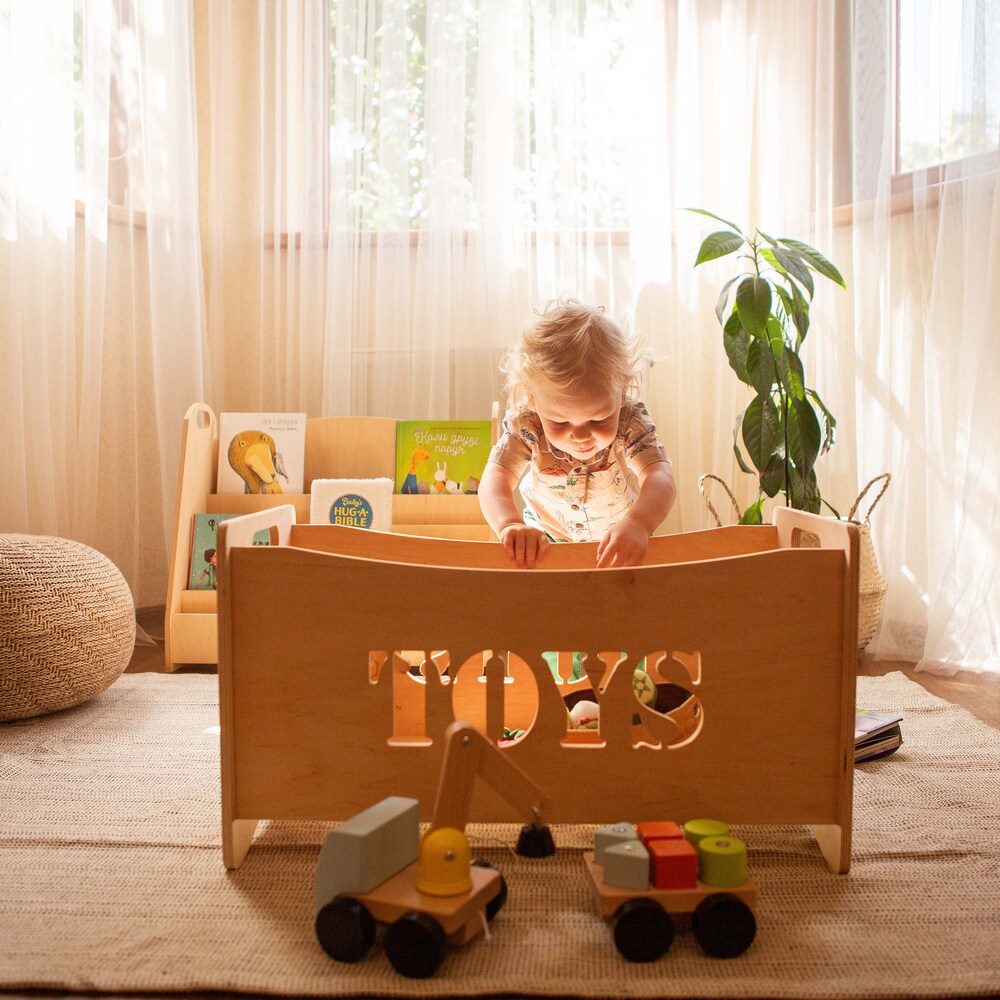 Wooden toy box for toddler playroom, Storage basket for baby nursery, Montessori furniture, Toys organizer, Boxes for toys - Image 5