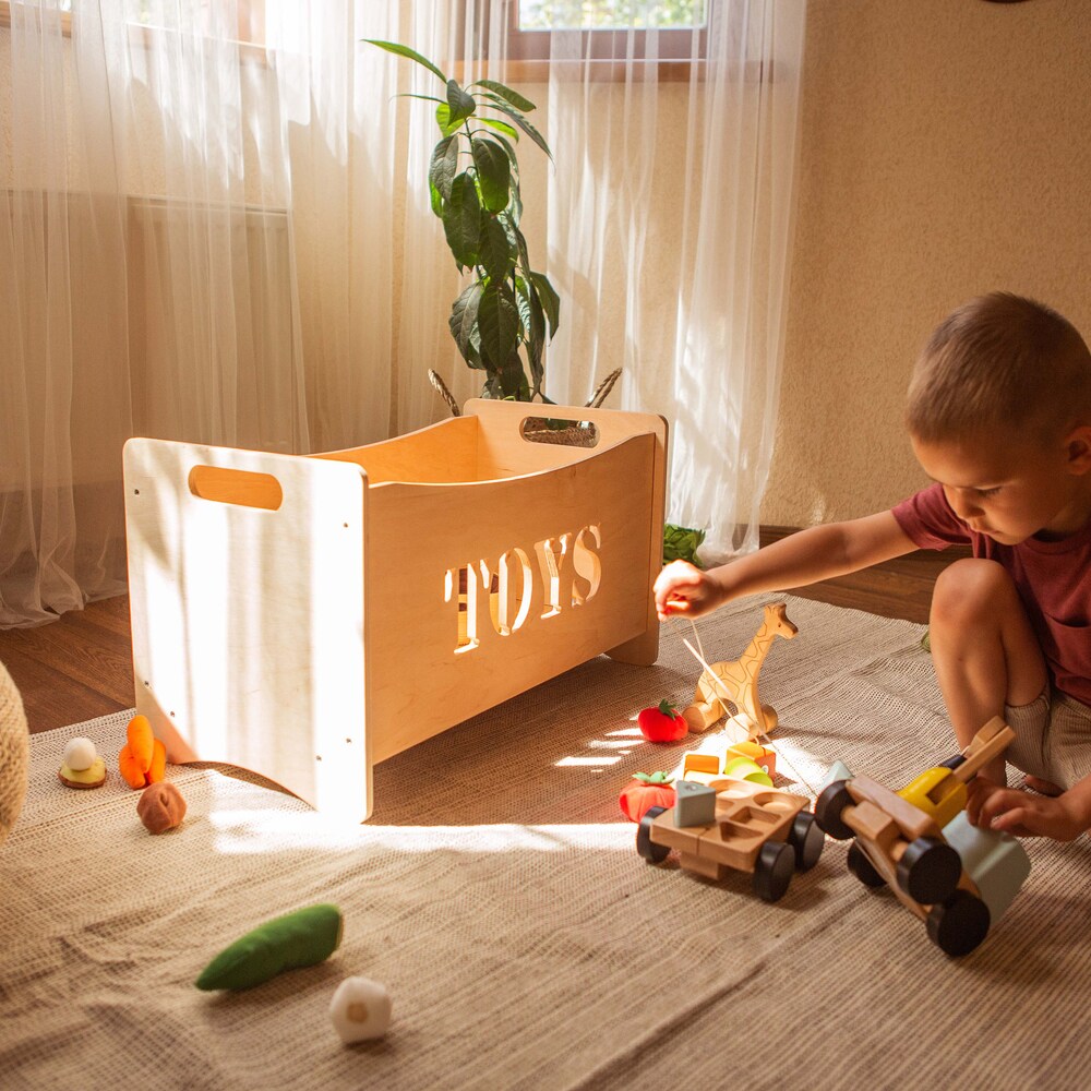 Wooden toy box for toddler playroom, Storage basket for baby nursery, Montessori furniture, Toys organizer, Boxes for toys - Image 8