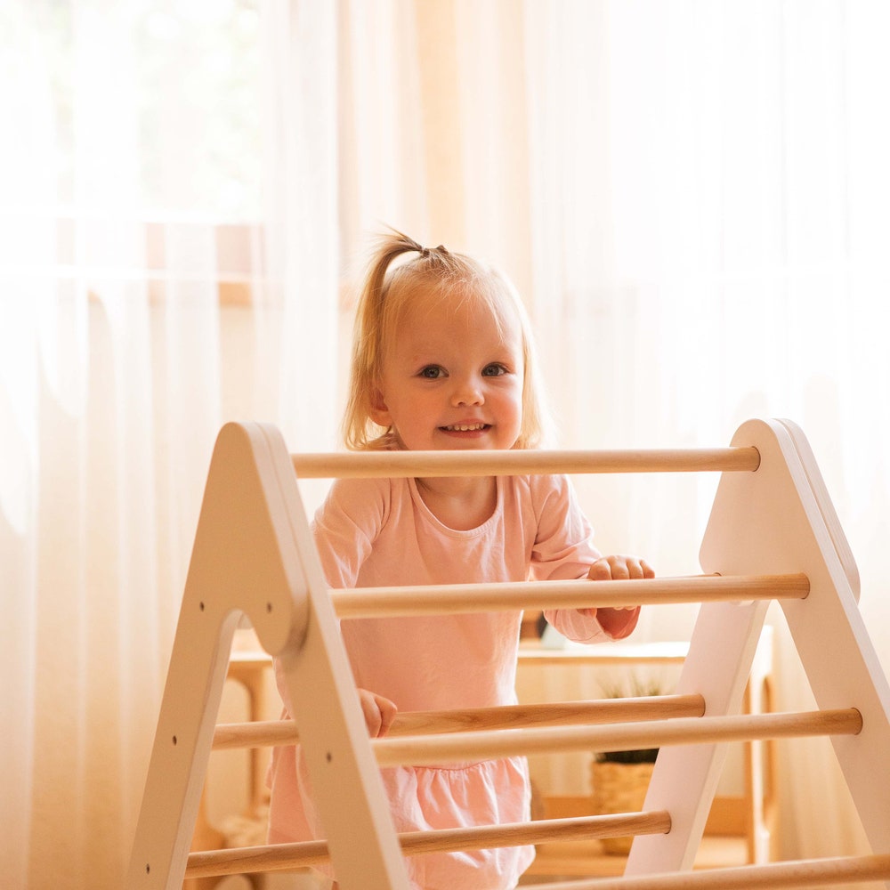 Wooden Gym Set for toddlers 3 items: Climbing Triangle + Arch + Slide, Montessori furniture, Baby toy for 1 year old, White climber set - Image 4