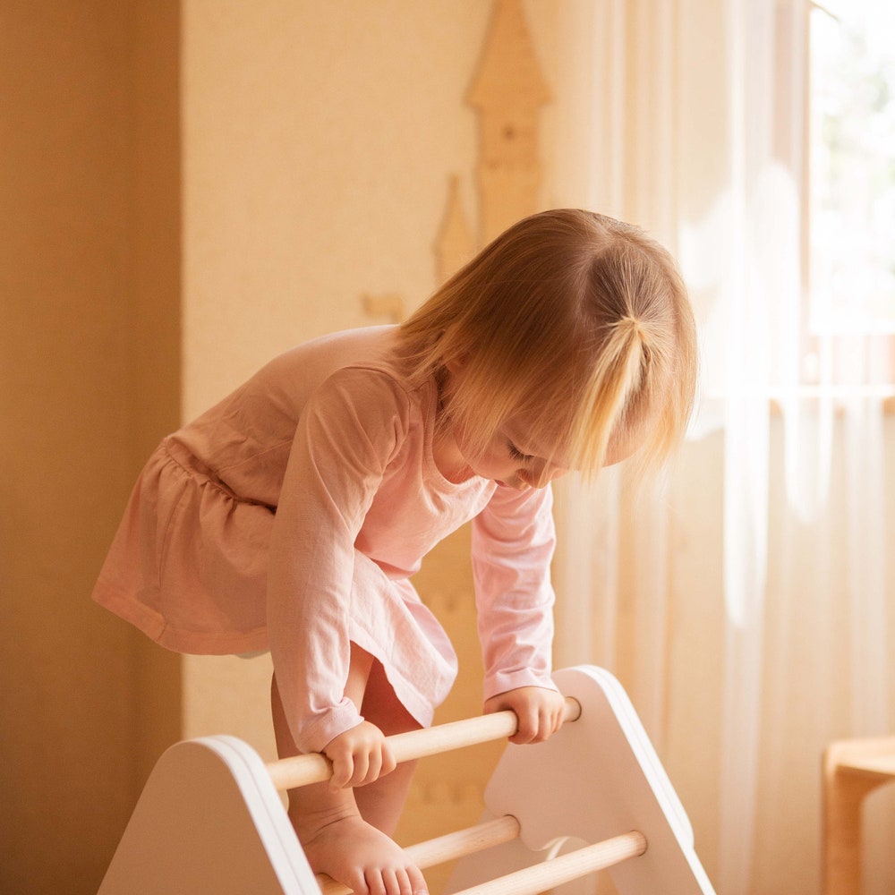 Wooden Gym Set for toddlers 3 items: Climbing Triangle + Arch + Slide, Montessori furniture, Baby toy for 1 year old, White climber set - Image 6