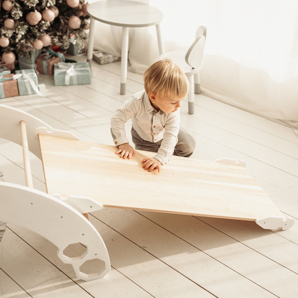 Wooden Gym Set for toddlers 3 items: Climbing Triangle + Arch + Slide, Montessori furniture, Baby toy for 1 year old, White climber set - Image 3