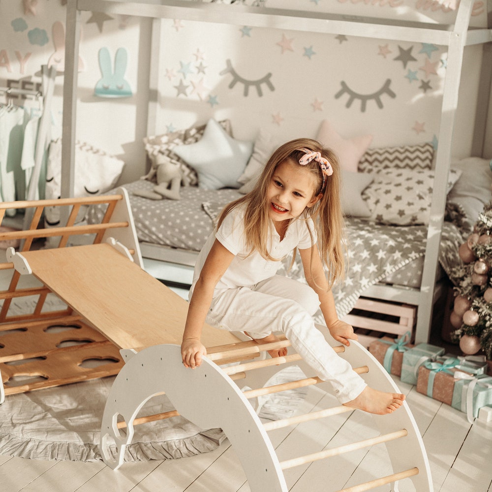 Wooden Gym Set for toddlers 3 items: Climbing Triangle + Arch + Slide, Montessori furniture, Baby toy for 1 year old, White climber set - Image 8