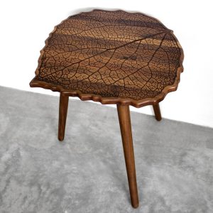 Engraved Walnut Teak Hardwood LEAF with Turned Wood Legs - End / Side Table or Night Stand - Modern Mid Century Boho Furniture Design Eames