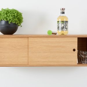 Floating Storage Cabinet with Sliding Doors Handmade in Solid White Oak