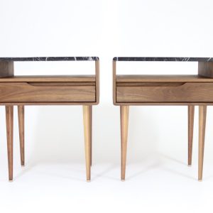 Pair  Nightstand, Bedside table, Side table with marble top, shelf and lower drawer in solid Oak or Walnut.