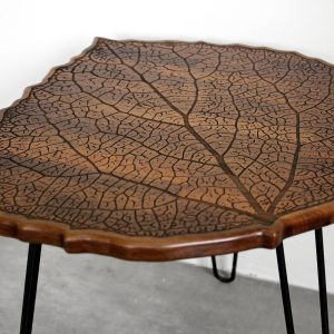 Engraved Walnut Teak Hardwood LEAF with Metal Hairpin Legs - End / Side Table or Night Stand - Modern Mid Century Boho Furniture Eames