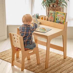 Preschool Learning Set: table with Bookshelf and chair, Activity Table for Kids, Toddler play table, Nursery Montessori furniture